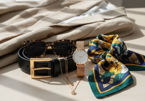 Bộ sưu tập các phụ kiện nâng tầm phong cách bao gồm đồng hồ dây lưới vàng hồng, kính mát gọng đồi mồi, thắt lưng da đen và khăn lụa họa tiết, được đặt trên nền áo khoác màu be nhạt.